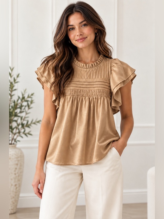 THML Tops - THML Tan Pintuck Flutter Sleeve Blouse Size S